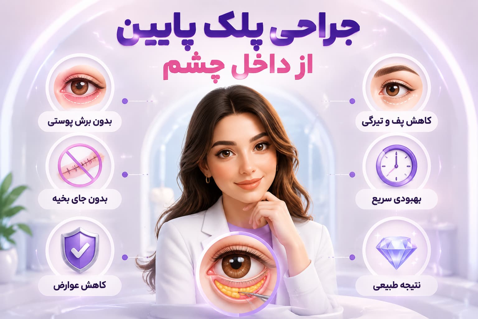 جراحی پلک پایین از داخل چشم عمل بلفاروپلاستی بدون بخیه